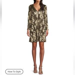 Marina Round Neck Long Sleeve Printed Metallic Dress Black Gold Champagne